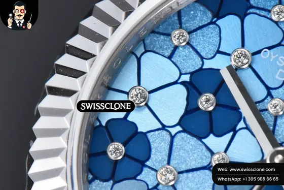 Rolex DateJust 31mm 904L Fluted Bezel Blue Flowers Dial President 1:1 Super Clone - Caseback & Cloned Calibre Movement