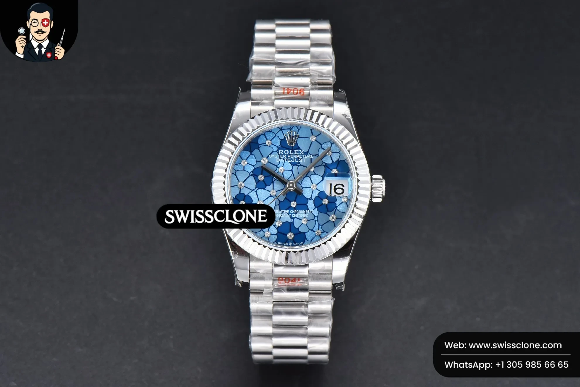Rolex DateJust 31mm 904L Fluted Bezel Blue Flowers Dial President 1:1 Super Clone - Dial Macro Close-Up