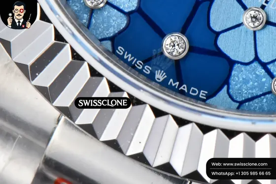 Rolex DateJust 31mm 904L Fluted Bezel Blue Flowers Dial President 1:1 Super Clone - On-Wrist Presence View