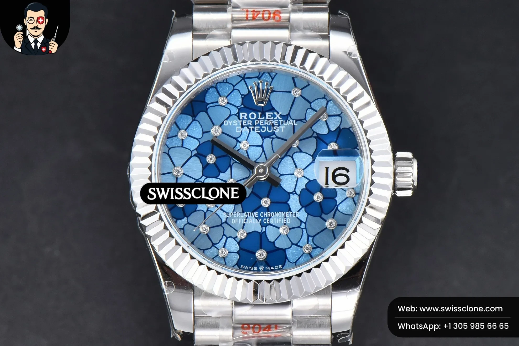 Rolex DateJust 31mm 904L Fluted Bezel Blue Flowers Dial President