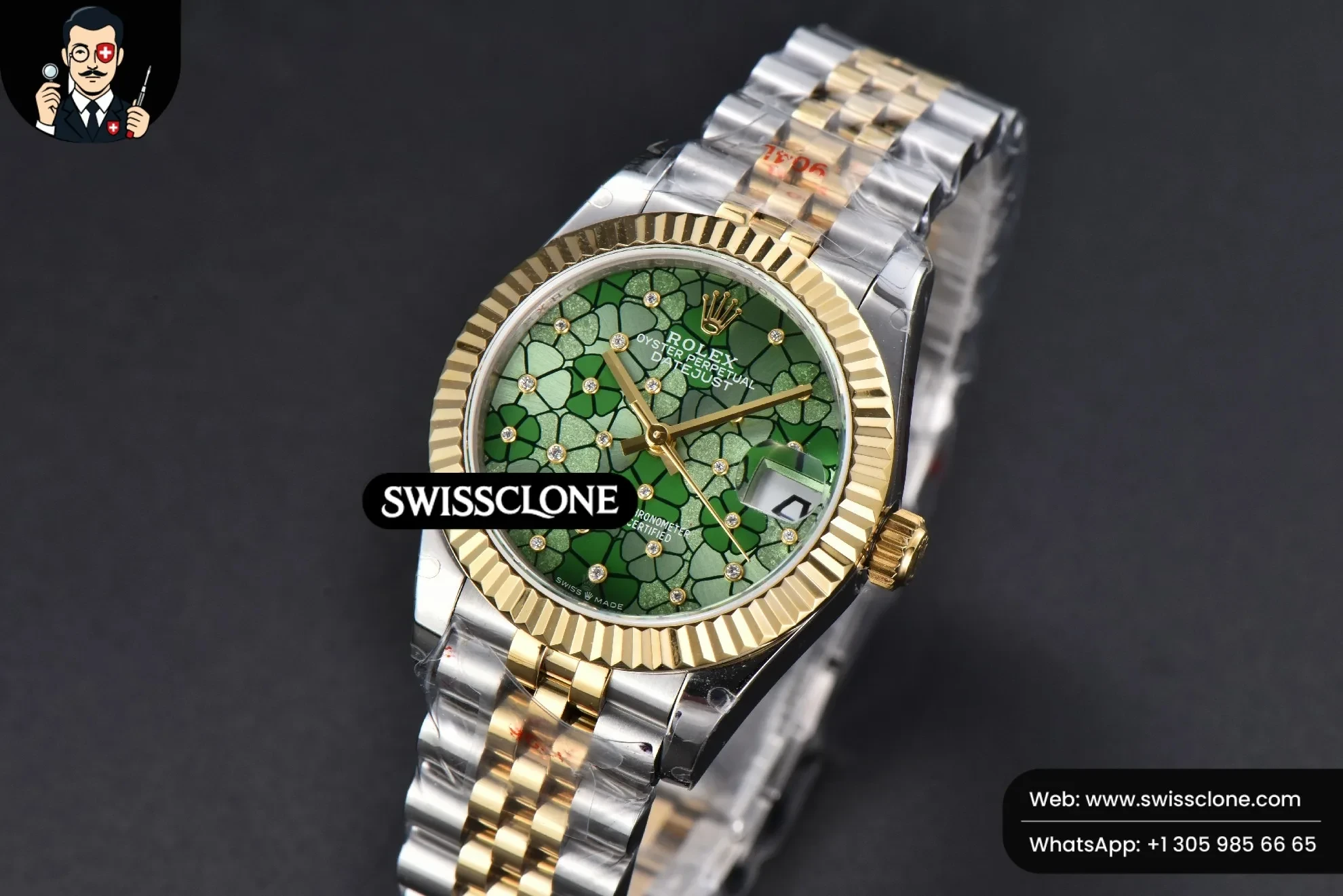 Rolex DateJust 31mm 904L Fluted Bezel Green Flowers Dial Jubilee 1:1 Super Clone - Bezel & Case Profile