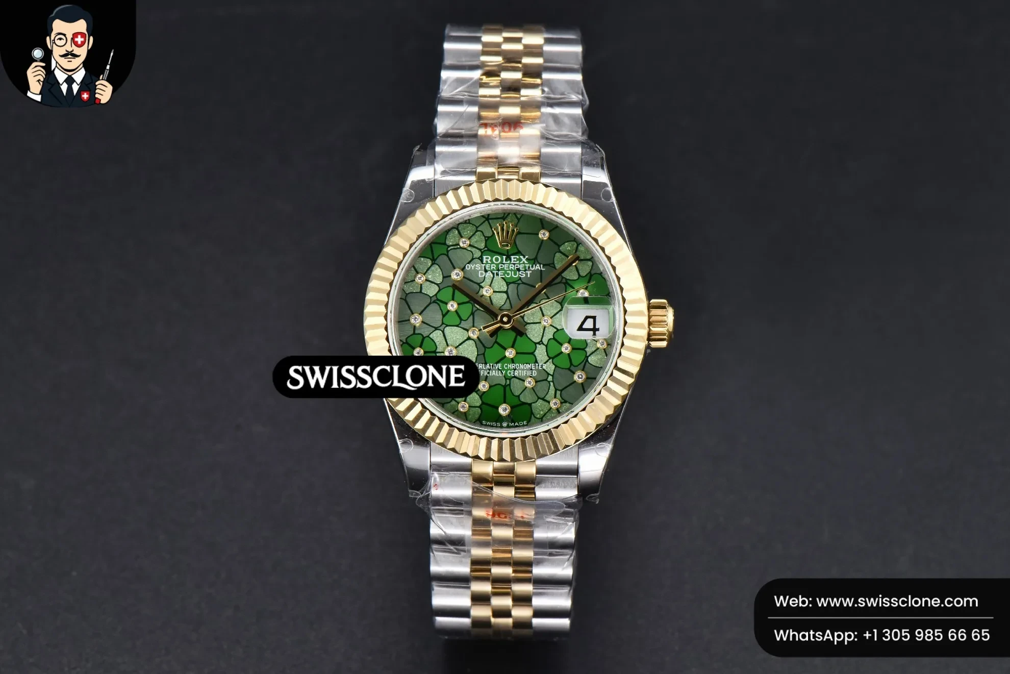 Rolex DateJust 31mm 904L Fluted Bezel Green Flowers Dial Jubilee 1:1 Super Clone - Dial Macro Close-Up