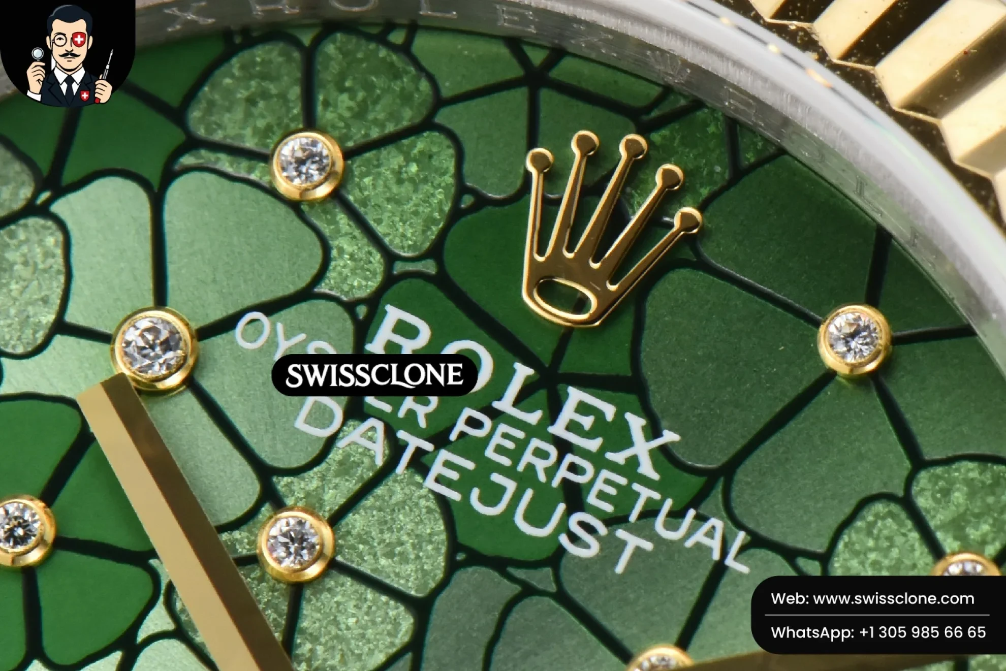 Rolex DateJust 31mm 904L Fluted Bezel Green Flowers Dial Oyster 1:1 Super Clone - Caseback & Cloned Calibre Movement