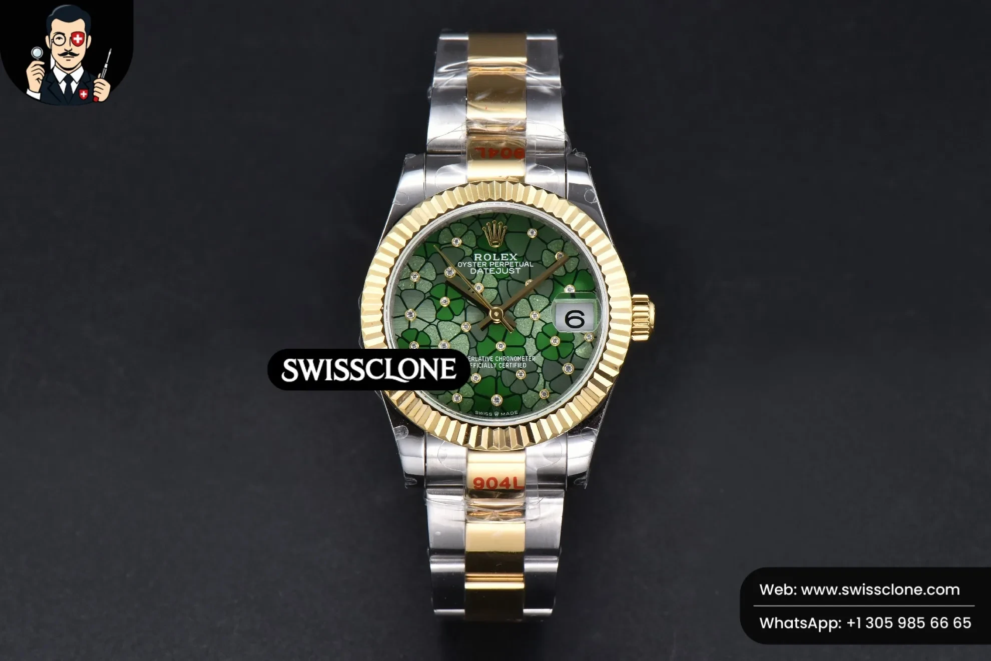 Rolex DateJust 31mm 904L Fluted Bezel Green Flowers Dial Oyster 1:1 Super Clone - Dial Macro Close-Up