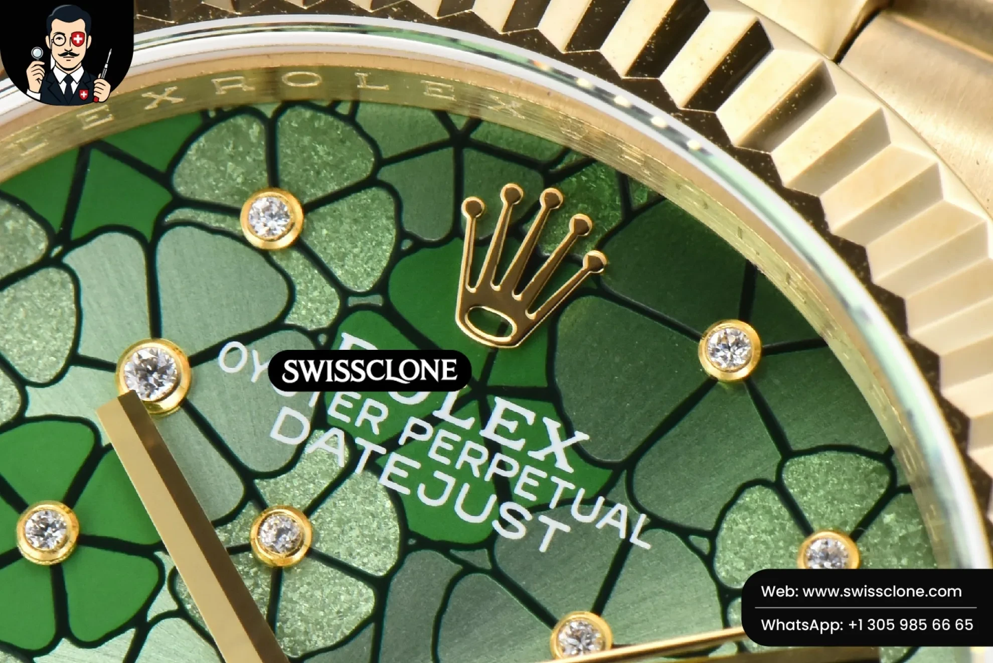 Rolex DateJust 31mm 904L Fluted Bezel Green Flowers Dial President 1:1 Super Clone - Caseback & Cloned Calibre Movement