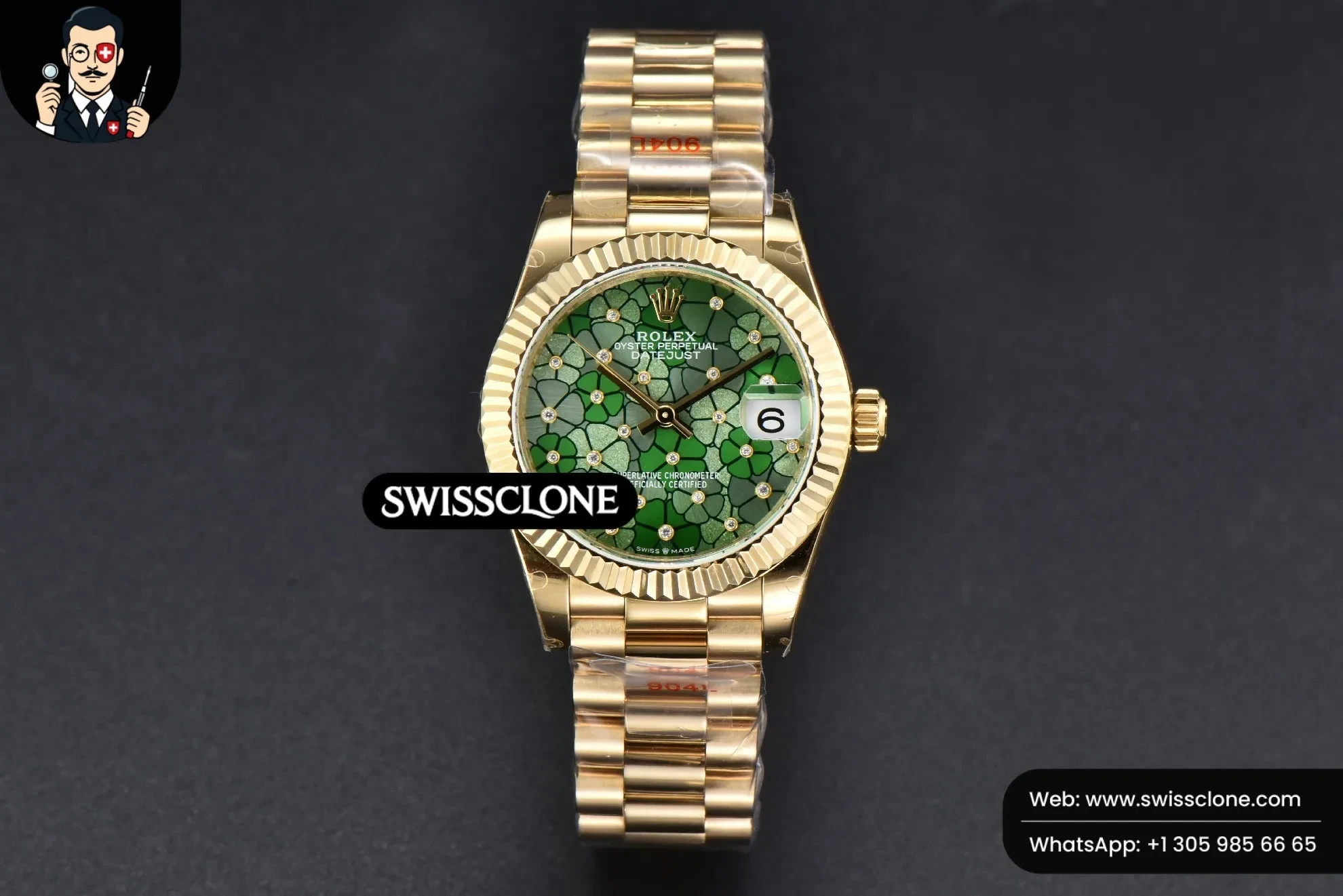 Rolex DateJust 31mm 904L Fluted Bezel Green Flowers Dial President 1:1 Super Clone - Dial Macro Close-Up