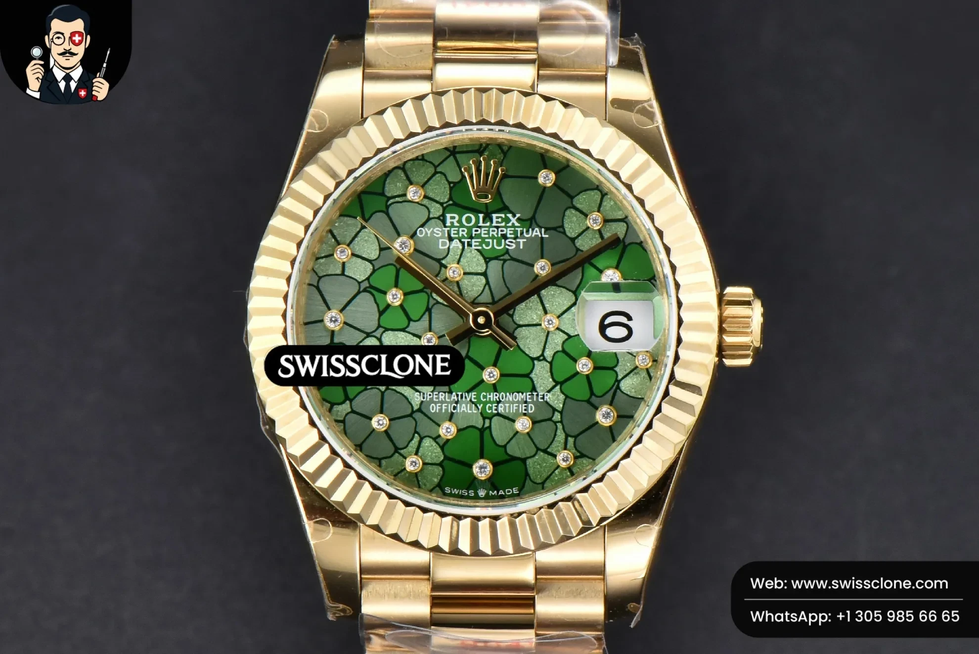 Rolex DateJust 31mm 904L Fluted Bezel Green Flowers Dial President