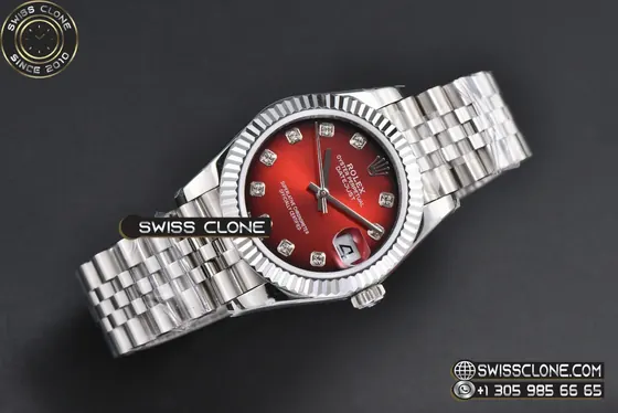 Rolex DateJust 31mm 904L Fluted Bezel Red Dial Diamond Marker Jubilee 1:1 Super Clone - Dial Macro Close-Up