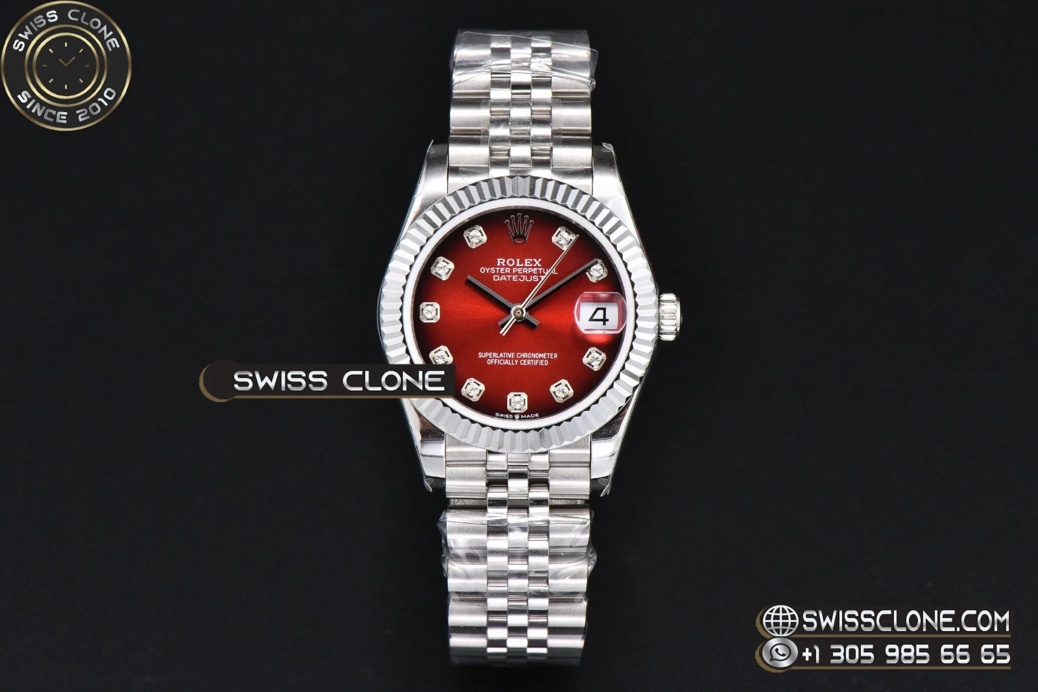 Rolex DateJust 31mm 904L Fluted Bezel Red Dial Diamond Marker Jubilee