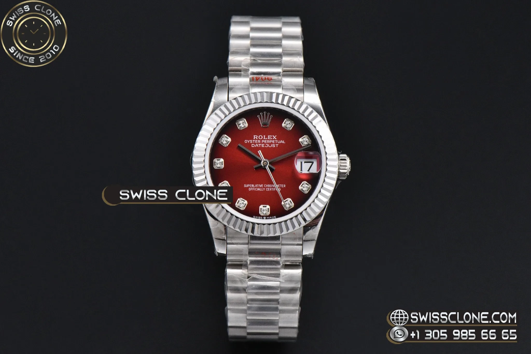 Rolex DateJust 31mm 904L Fluted Bezel Red Dial Diamond Marker President