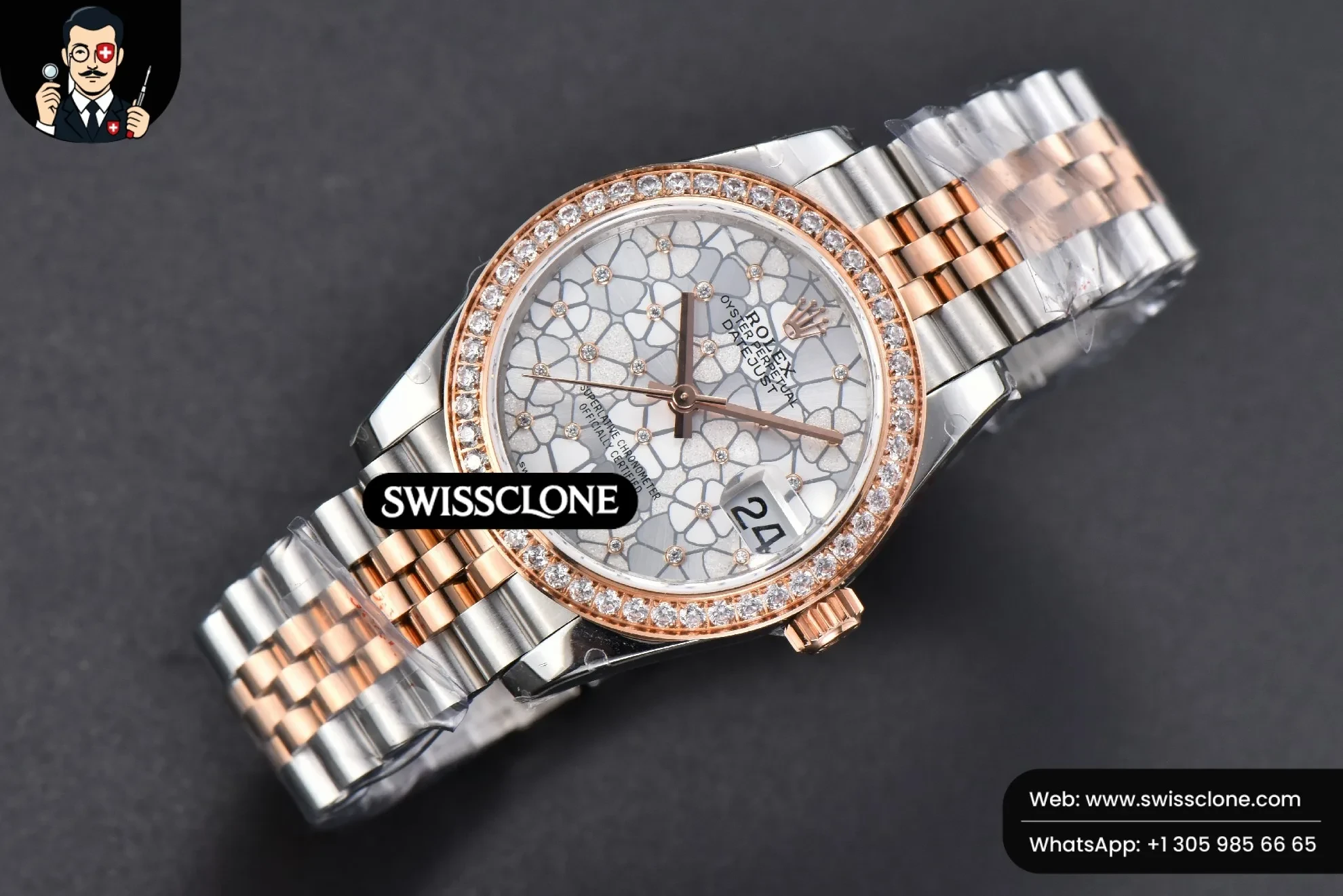 Rolex DateJust 31mm 904L RG/SS Diamond Bezel Silver Flowers Dial Jubilee 1:1 Super Clone - Bezel & Case Profile
