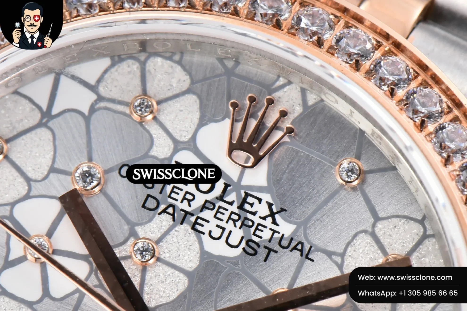 Rolex DateJust 31mm 904L RG/SS Diamond Bezel Silver Flowers Dial Jubilee 1:1 Super Clone - Caseback & Cloned Calibre Movement