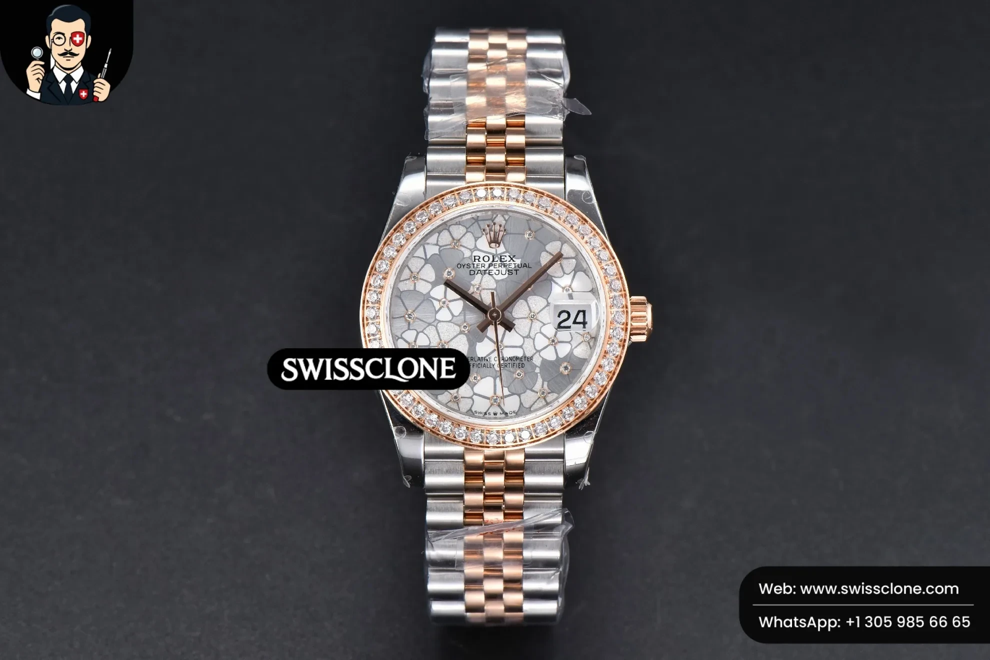 Rolex DateJust 31mm 904L RG/SS Diamond Bezel Silver Flowers Dial Jubilee 1:1 Super Clone - Dial Macro Close-Up