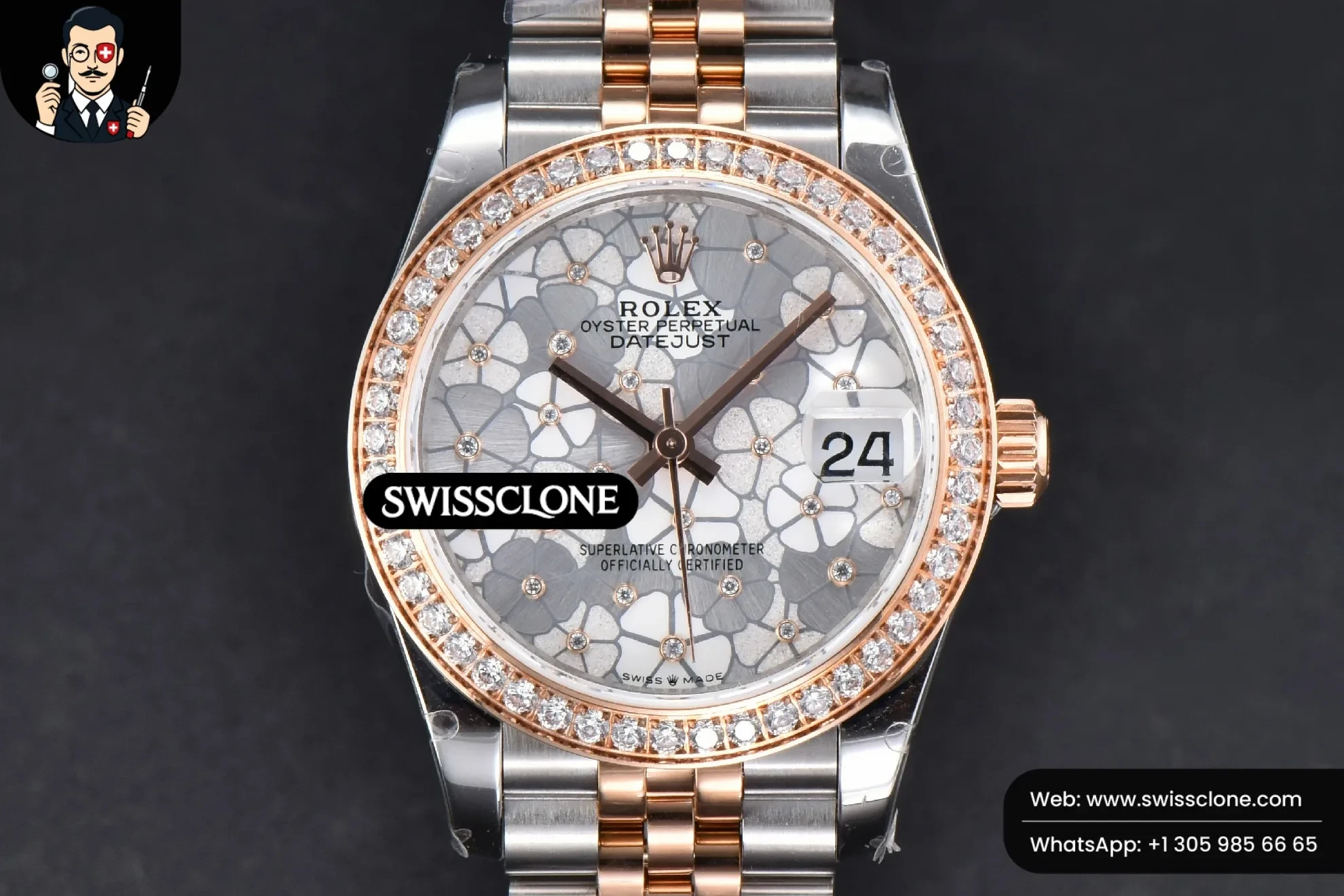 Rolex DateJust 31mm 904L RG/SS Diamond Bezel Silver Flowers Dial Jubilee