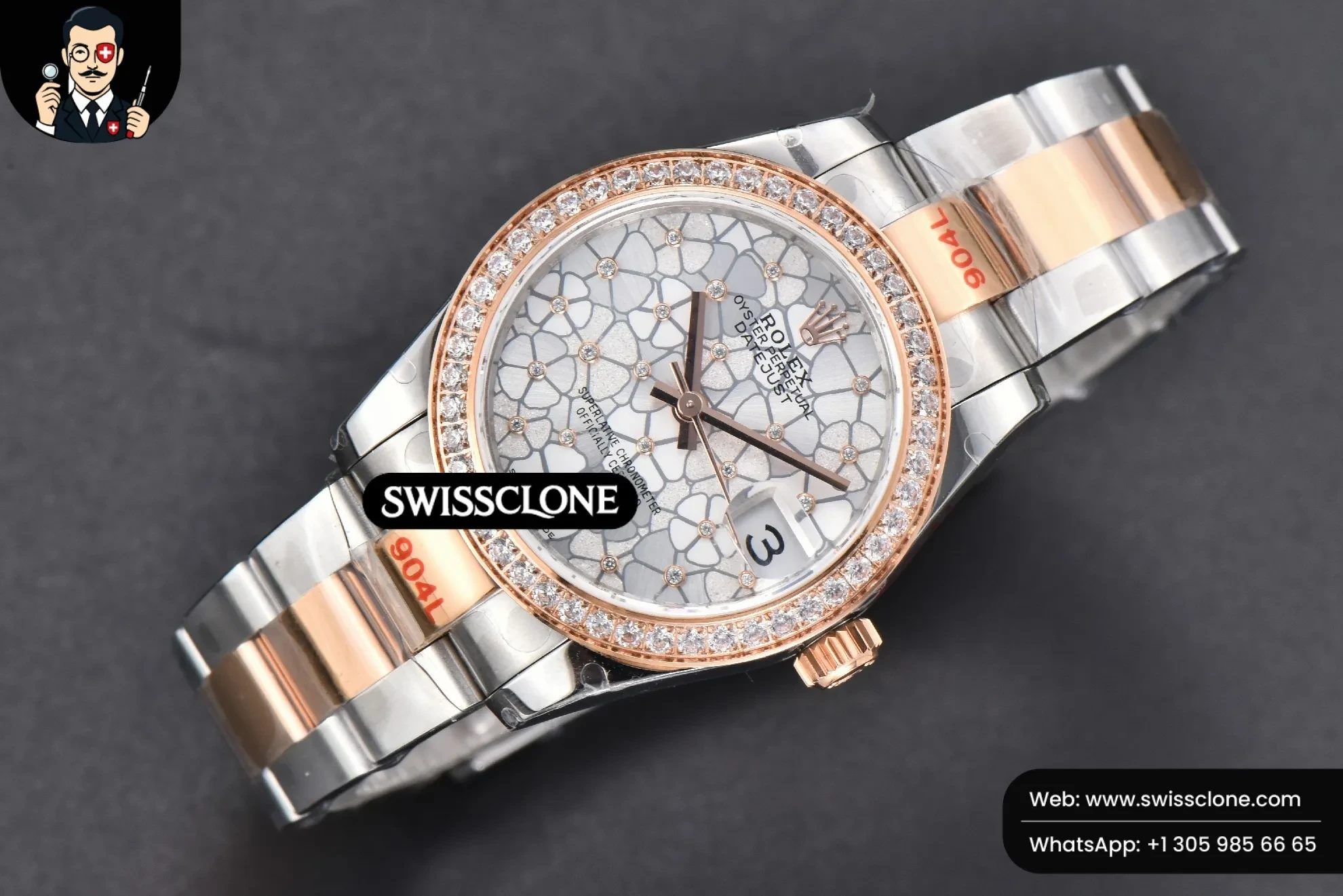 Rolex DateJust 31mm 904L RG/SS Diamond Bezel Silver Flowers Dial Oyster 1:1 Super Clone - Bezel & Case Profile