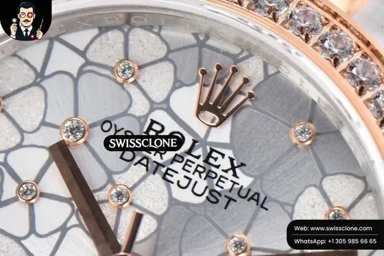 Rolex DateJust 31mm 904L RG/SS Diamond Bezel Silver Flowers Dial Oyster 1:1 Super Clone - Caseback & Cloned Calibre Movement