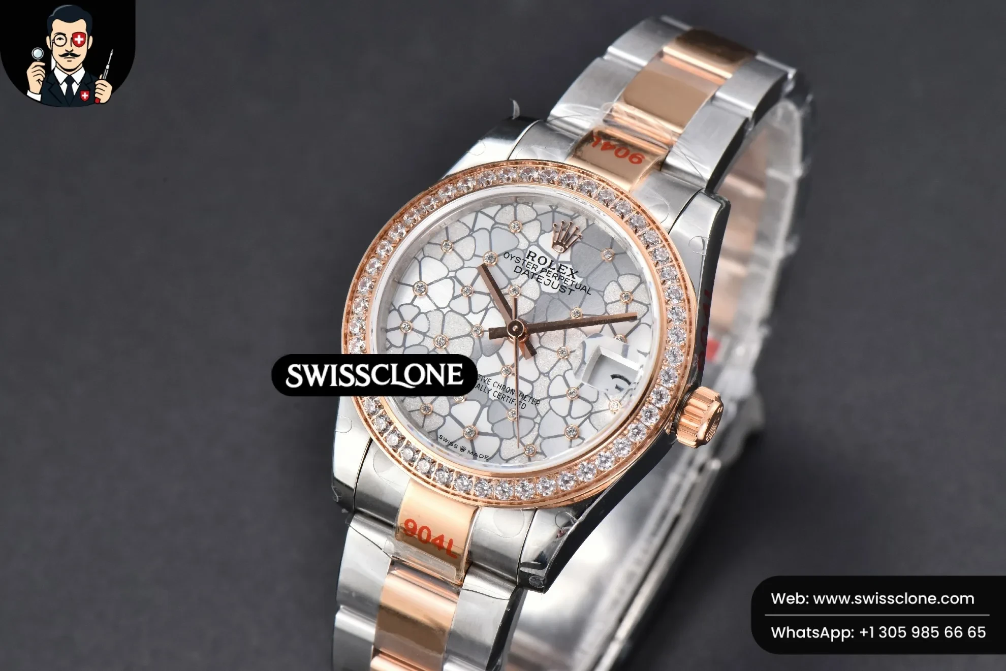 Rolex DateJust 31mm 904L RG/SS Diamond Bezel Silver Flowers Dial Oyster 1:1 Super Clone - Clasp & Bracelet Finishing
