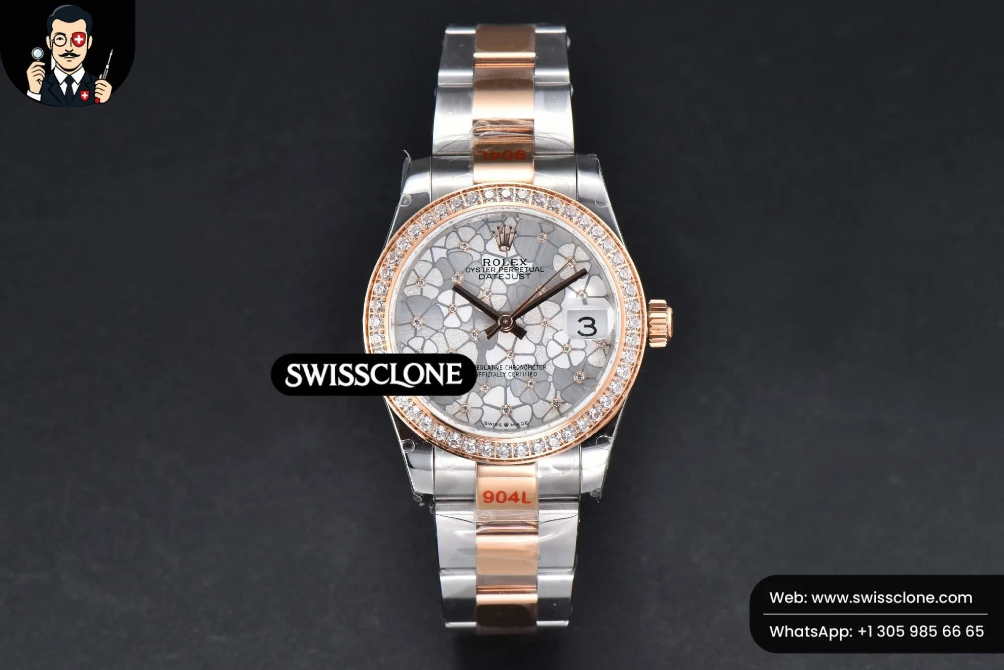 Rolex DateJust 31mm 904L RG/SS Diamond Bezel Silver Flowers Dial Oyster 1:1 Super Clone - Dial Macro Close-Up
