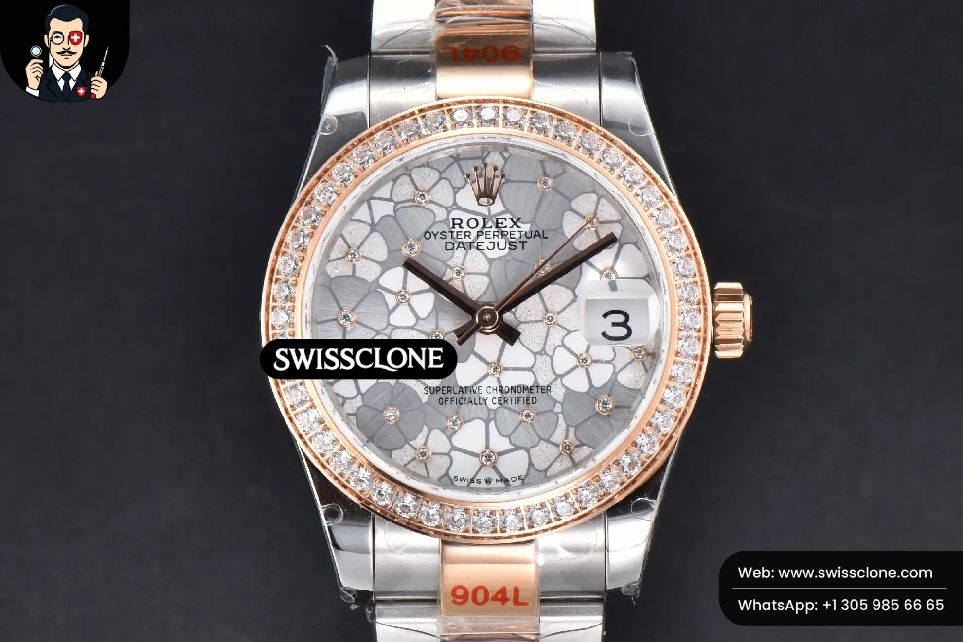 Rolex DateJust 31mm 904L RG/SS Diamond Bezel Silver Flowers Dial Oyster