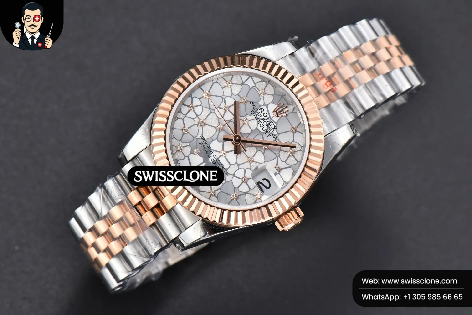 Rolex DateJust 31mm 904L RG/SS Fluted Bezel Silver Flowers Dial Jubilee 1:1 Super Clone - Bezel & Case Profile