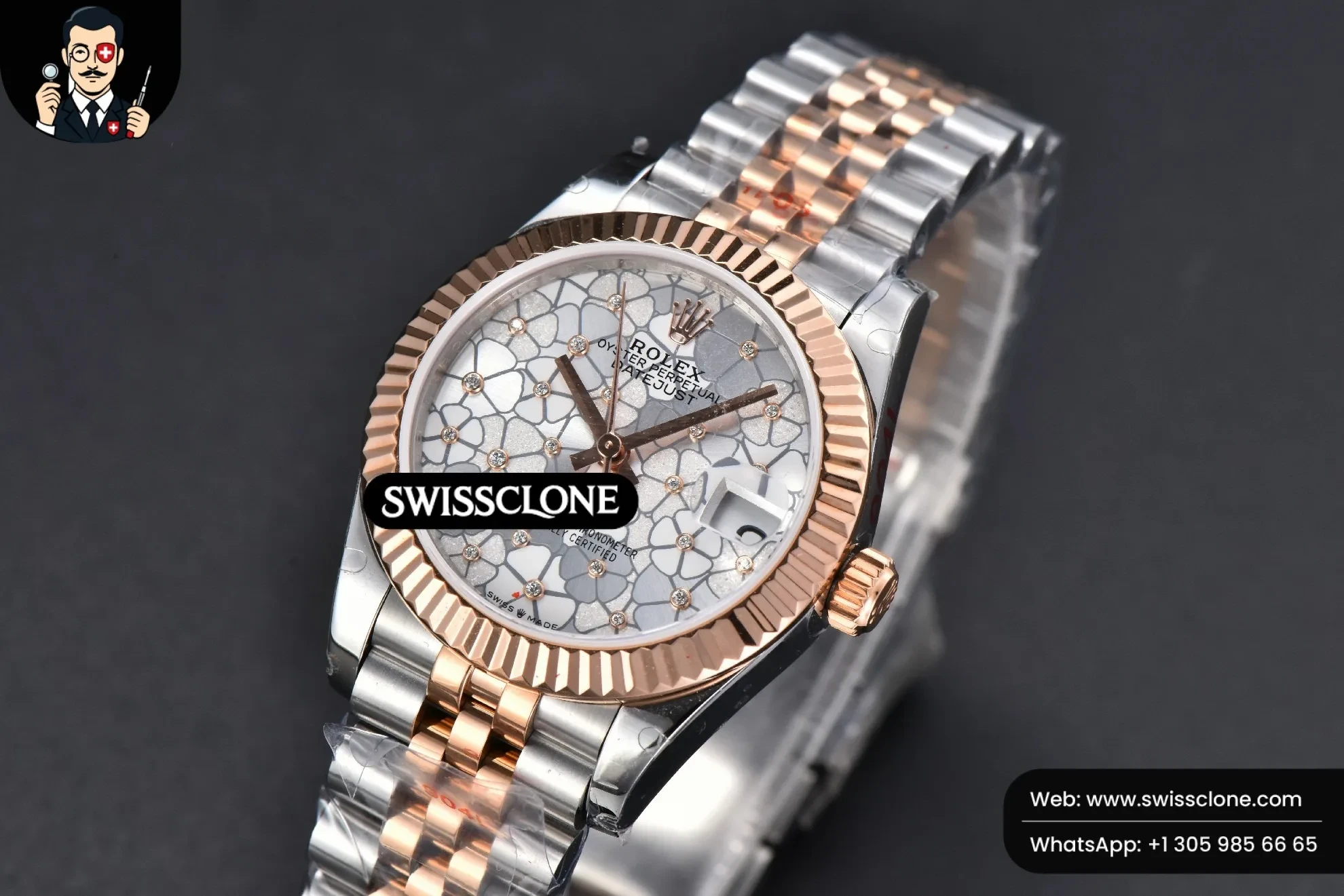 Rolex DateJust 31mm 904L RG/SS Fluted Bezel Silver Flowers Dial Jubilee 1:1 Super Clone - Clasp & Bracelet Finishing
