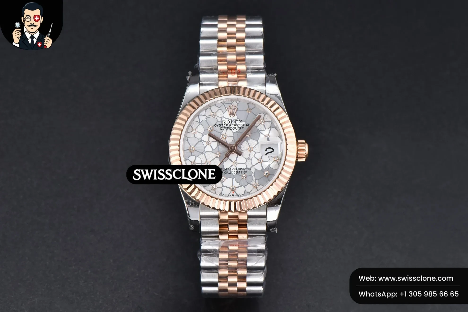 Rolex DateJust 31mm 904L RG/SS Fluted Bezel Silver Flowers Dial Jubilee 1:1 Super Clone - Dial Macro Close-Up