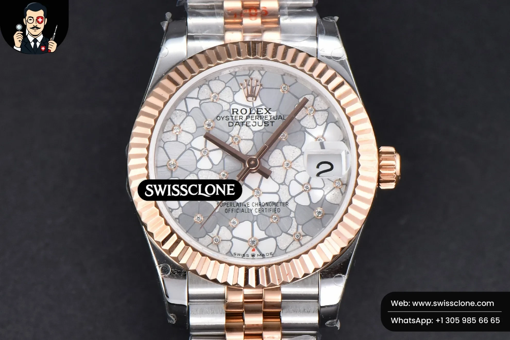 Rolex DateJust 31mm 904L RG/SS Fluted Bezel Silver Flowers Dial Jubilee