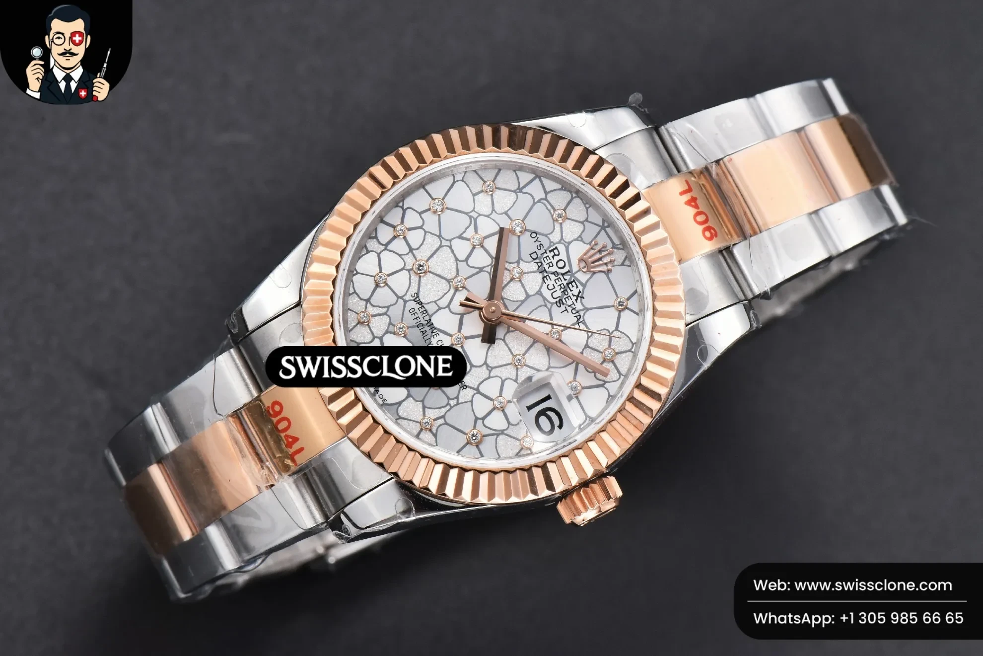 Rolex DateJust 31mm 904L RG/SS Fluted Bezel Silver Flowers Dial Oyster 1:1 Super Clone - Bezel & Case Profile