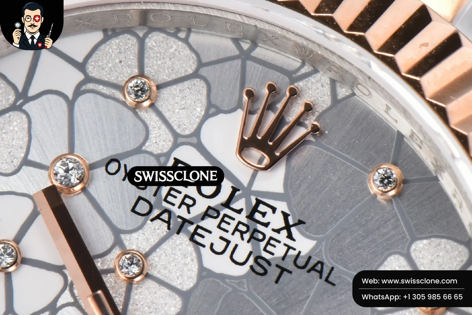 Rolex DateJust 31mm 904L RG/SS Fluted Bezel Silver Flowers Dial Oyster 1:1 Super Clone - Caseback & Cloned Calibre Movement