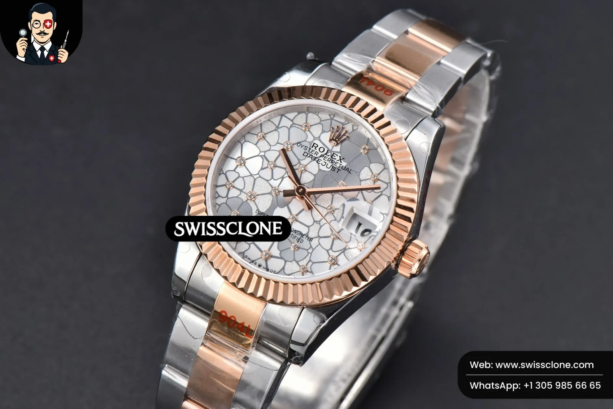 Rolex DateJust 31mm 904L RG/SS Fluted Bezel Silver Flowers Dial Oyster 1:1 Super Clone - Clasp & Bracelet Finishing