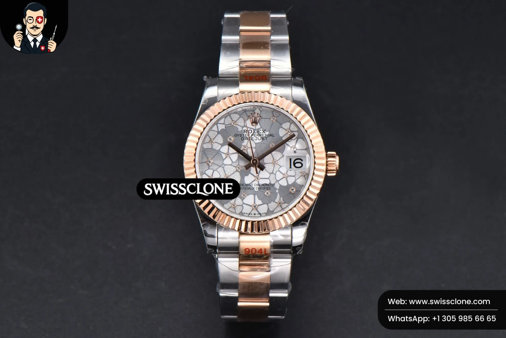 Rolex DateJust 31mm 904L RG/SS Fluted Bezel Silver Flowers Dial Oyster 1:1 Super Clone - Dial Macro Close-Up