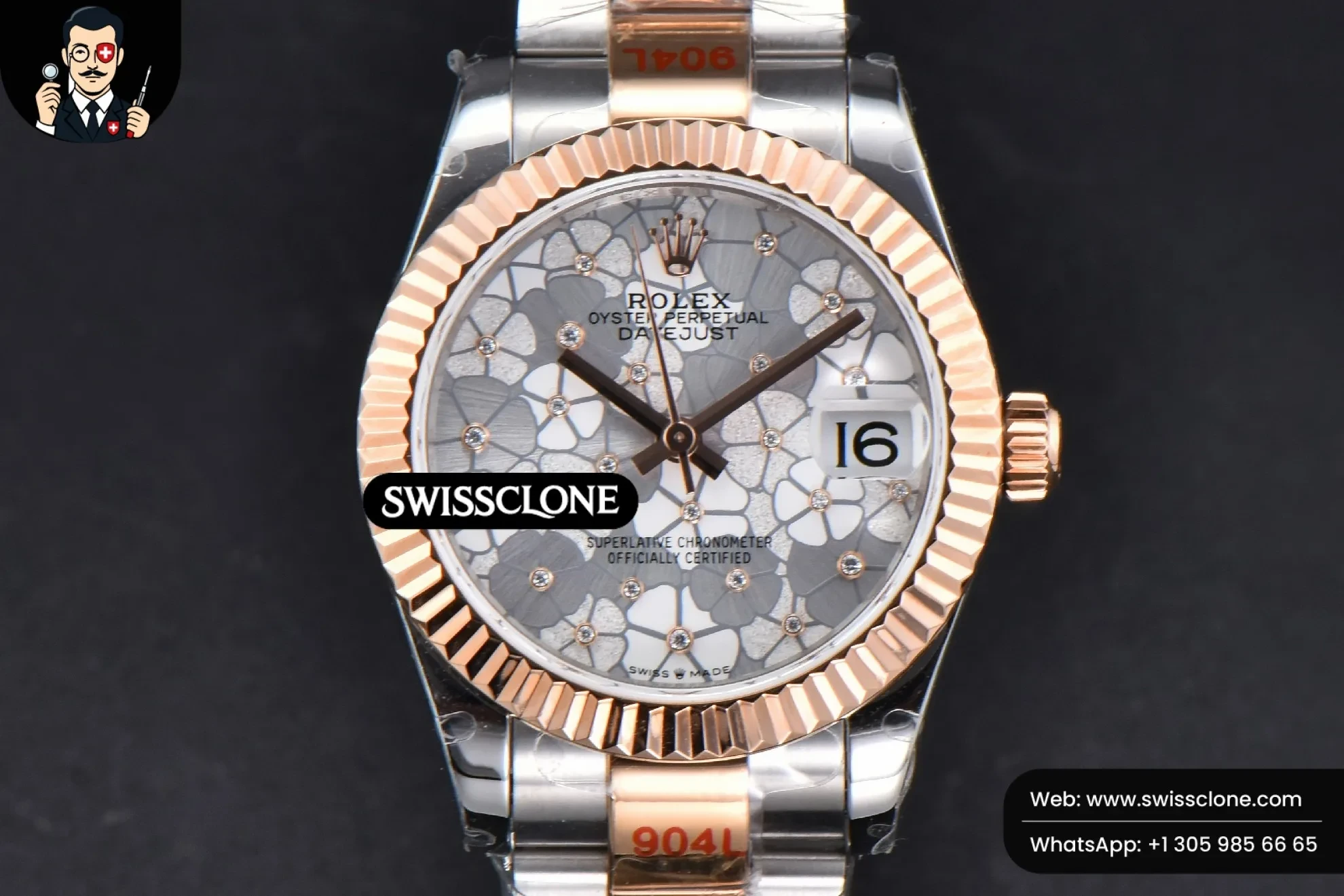 Rolex DateJust 31mm 904L RG/SS Fluted Bezel Silver Flowers Dial Oyster