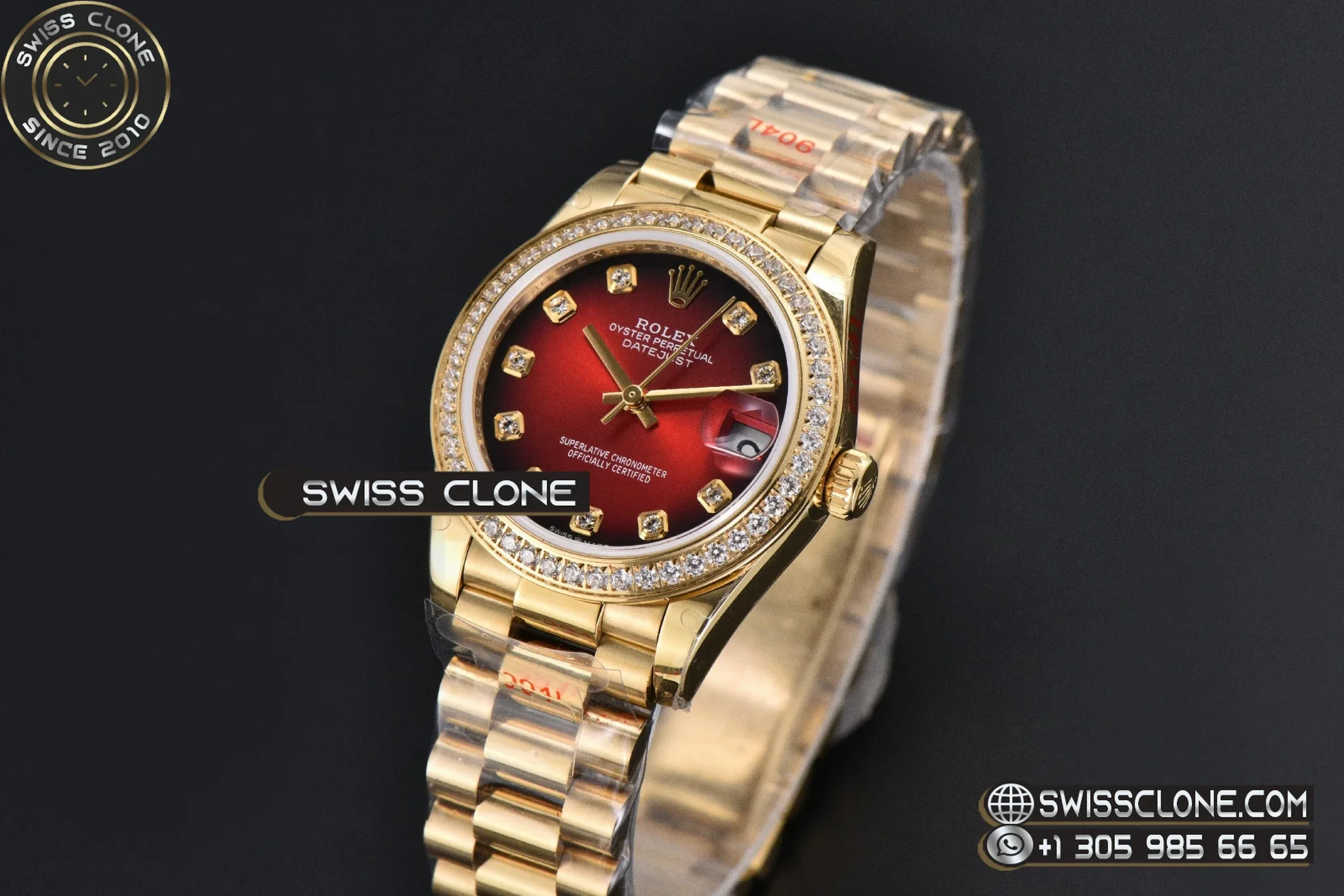Rolex DateJust 31mm Diamond Bezel Red Dial Diamond Marker President 1:1 Super Clone - Bezel & Case Profile