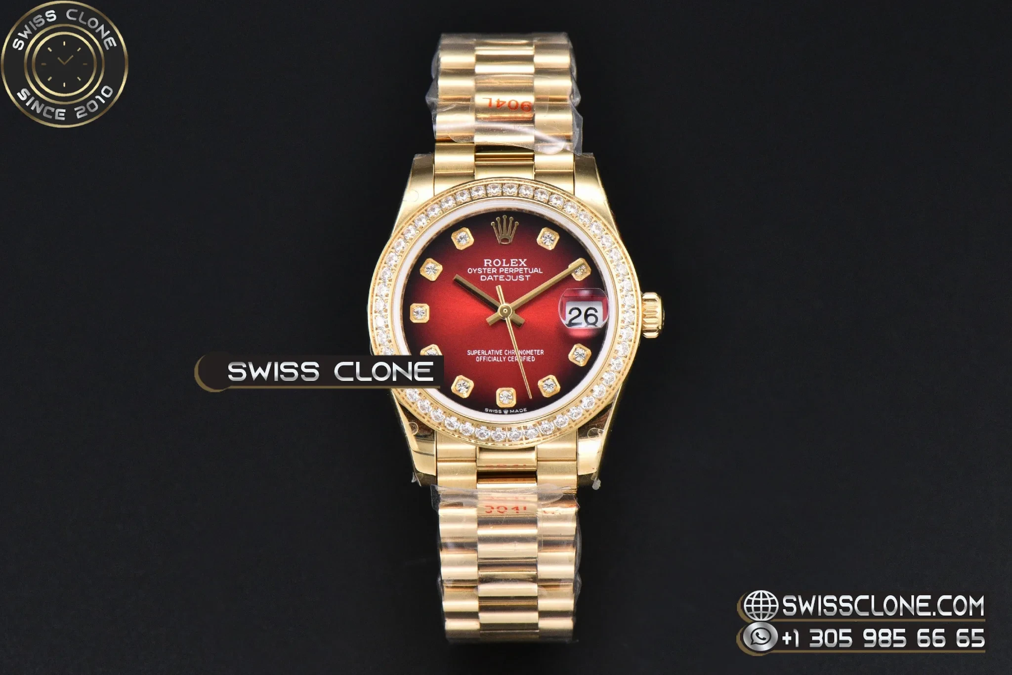 Rolex DateJust 31mm Diamond Bezel Red Dial Diamond Marker President