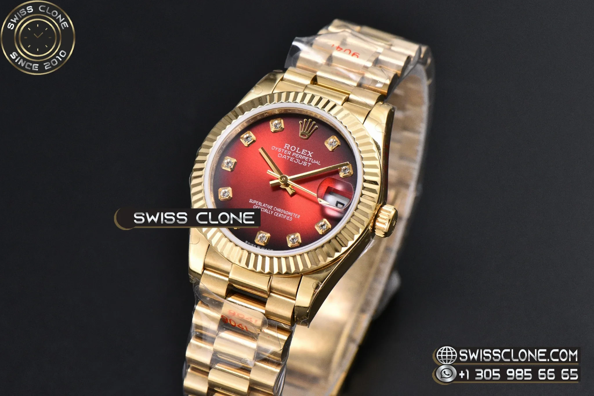 Rolex DateJust 31mm Fluted Bezel Red Dial Diamond Marker President 1:1 Super Clone - Bezel & Case Profile