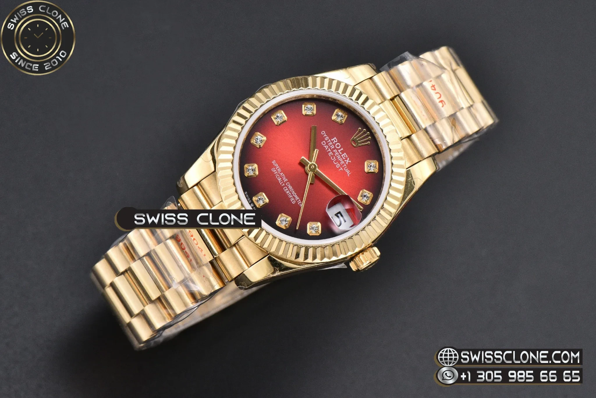 Rolex DateJust 31mm Fluted Bezel Red Dial Diamond Marker President 1:1 Super Clone - Dial Macro Close-Up