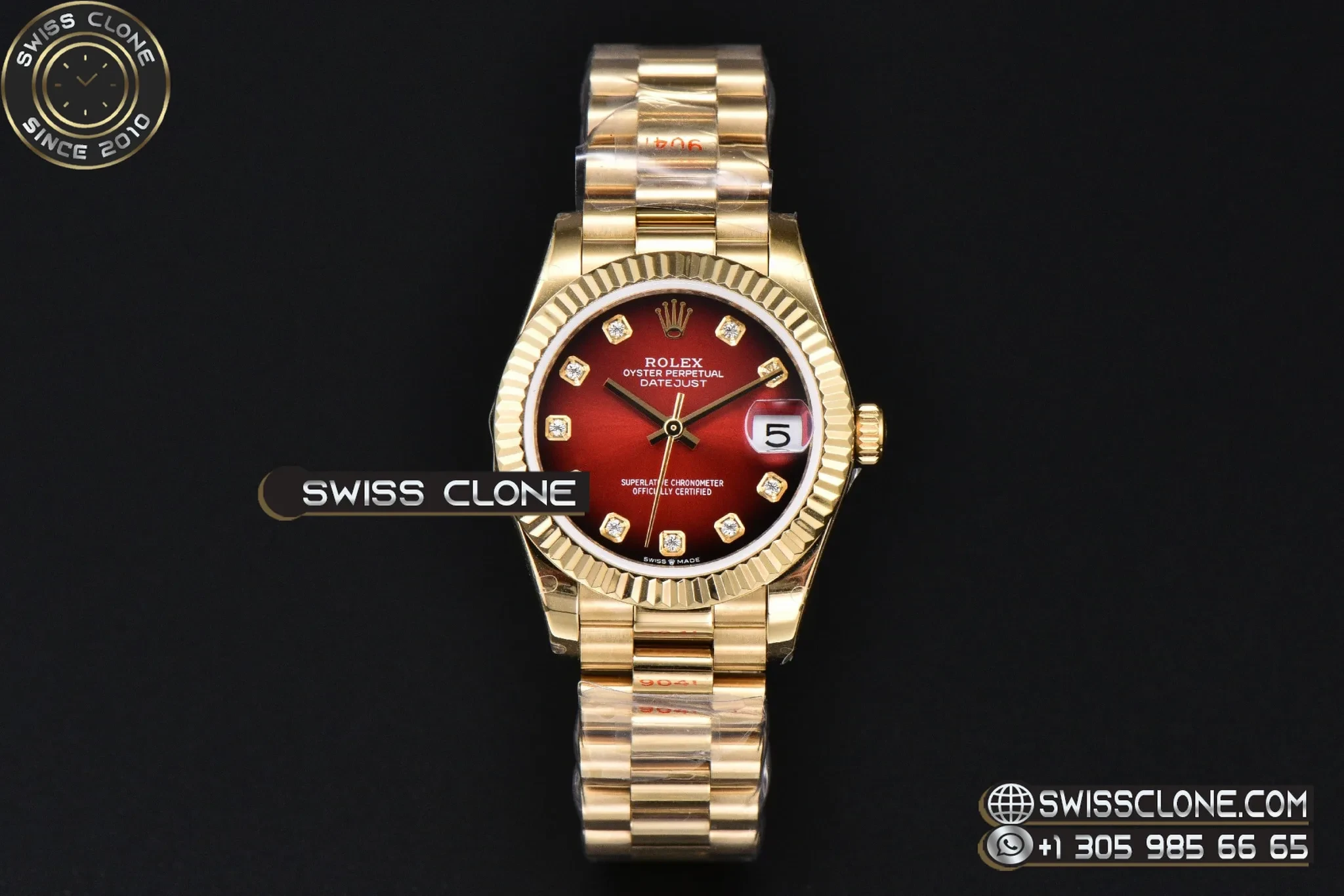 Rolex DateJust 31mm Fluted Bezel Red Dial Diamond Marker President