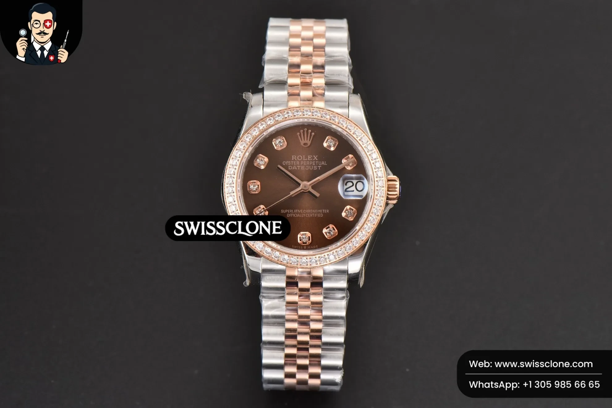 Rolex DateJust 31mm Ladies 904L RG/SS WF Diamond Brown Dial Diamond Marker Jubilee 1:1 Super Clone - Dial Macro Close-Up