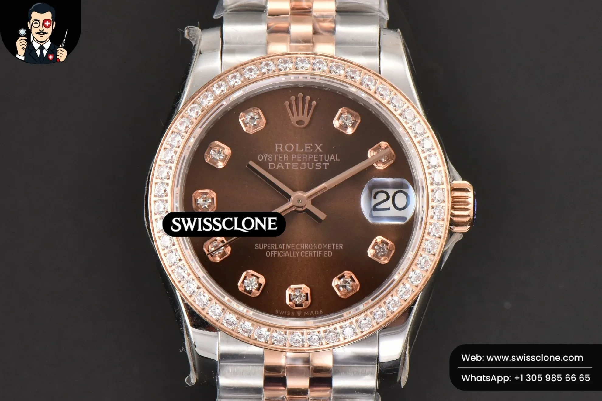 Rolex DateJust 31mm Ladies 904L RG/SS WF Diamond Brown Dial Diamond Marker Jubilee