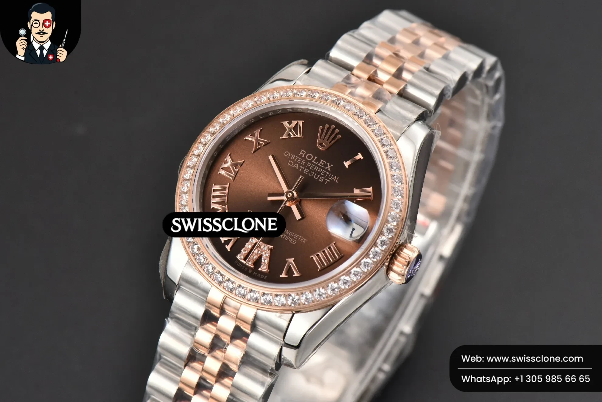 Rolex DateJust 31mm Ladies 904L RG/SS WF Diamond Brown Dial Diamond Roma Marker Jubilee 1:1 Super Clone - Bezel & Case Profile