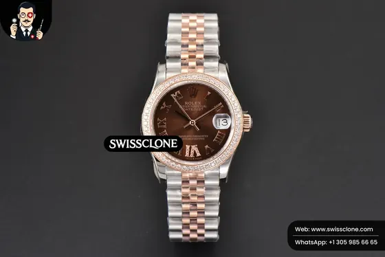 Rolex DateJust 31mm Ladies 904L RG/SS WF Diamond Brown Dial Diamond Roma Marker Jubilee 1:1 Super Clone - Dial Macro Close-Up