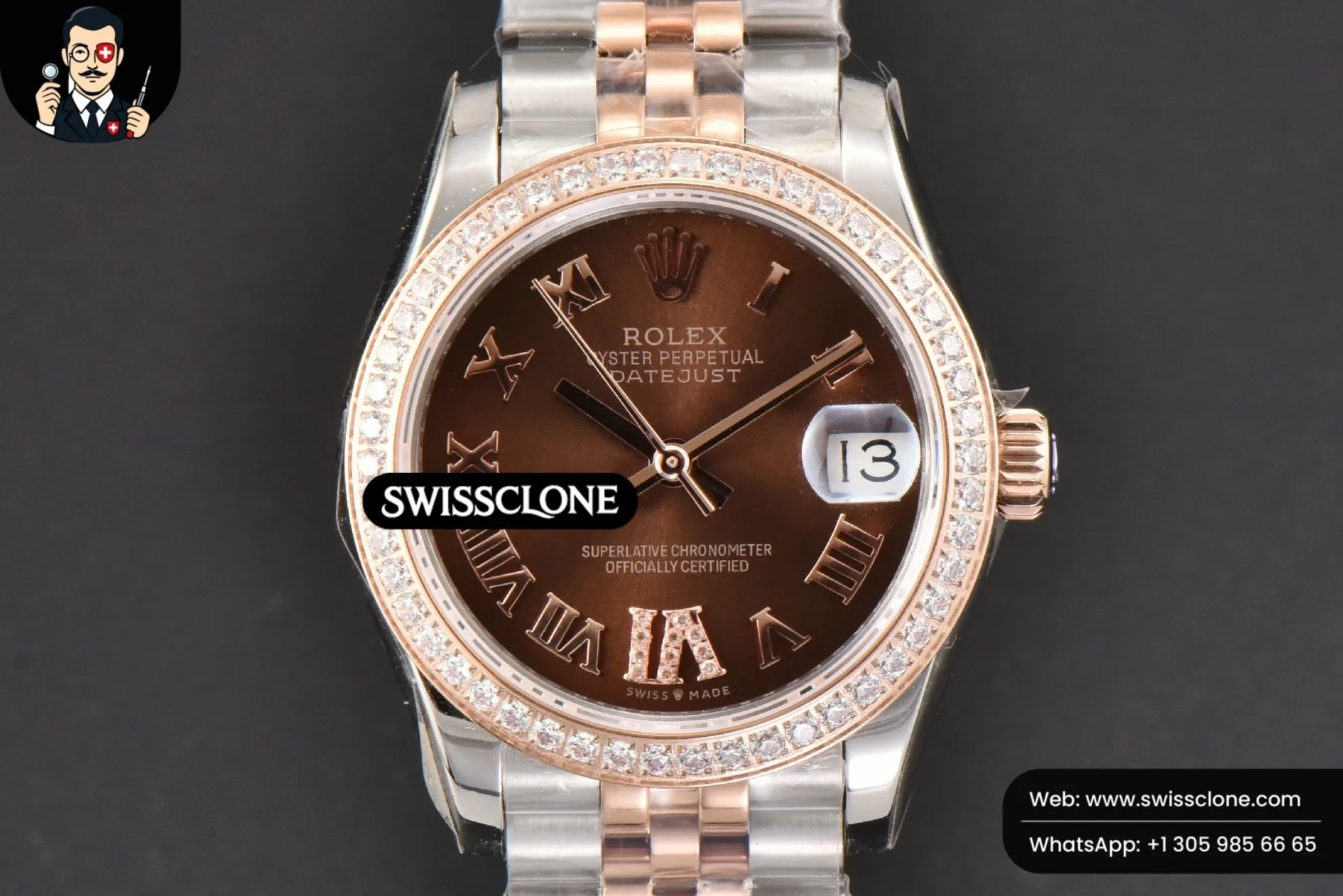 Rolex DateJust 31mm Ladies 904L RG/SS WF Diamond Brown Dial Diamond Roma Marker Jubilee