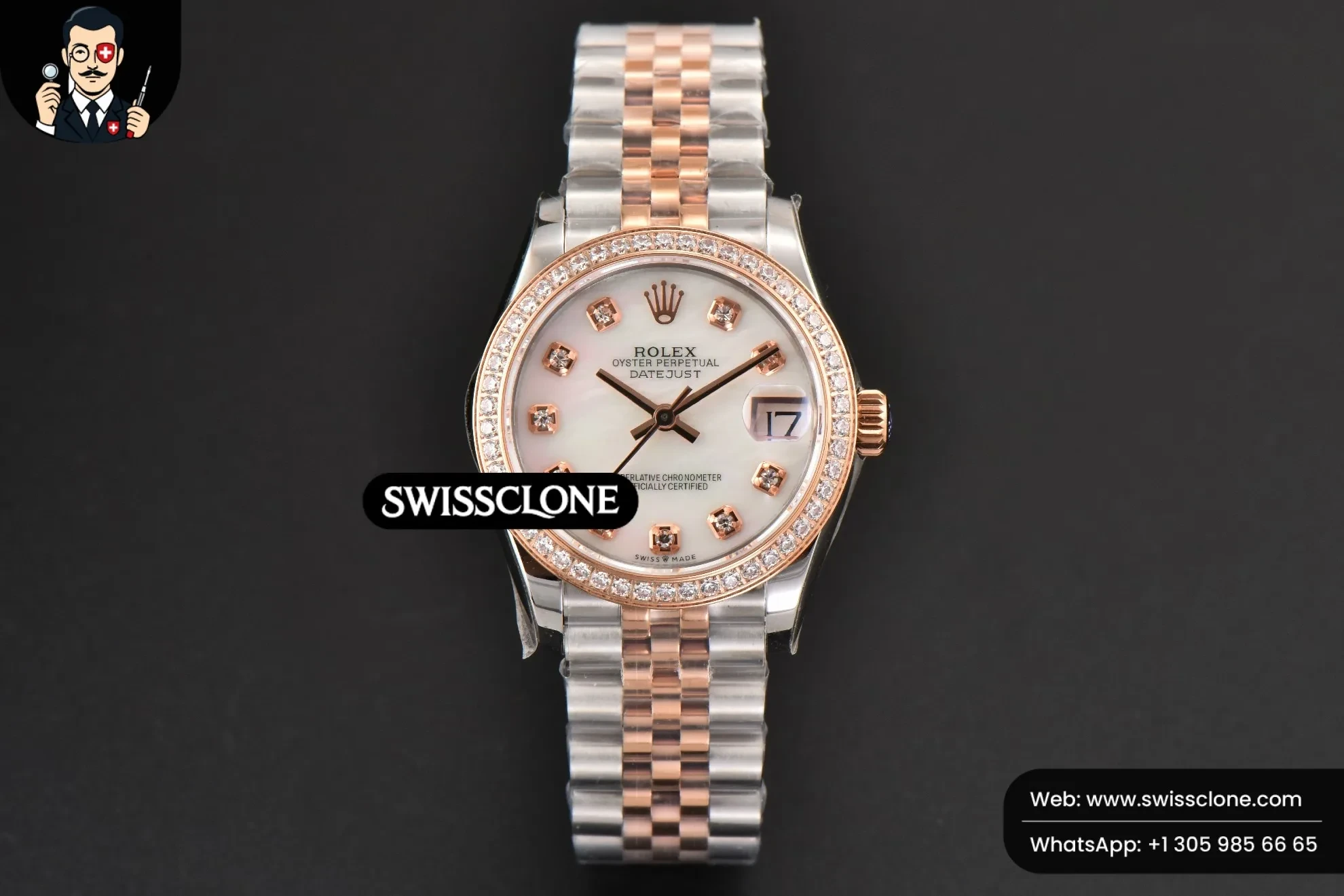 Rolex DateJust 31mm Ladies 904L RG/SS WF Diamond MOP Dial Jubilee 1:1 Super Clone - Dial Macro Close-Up