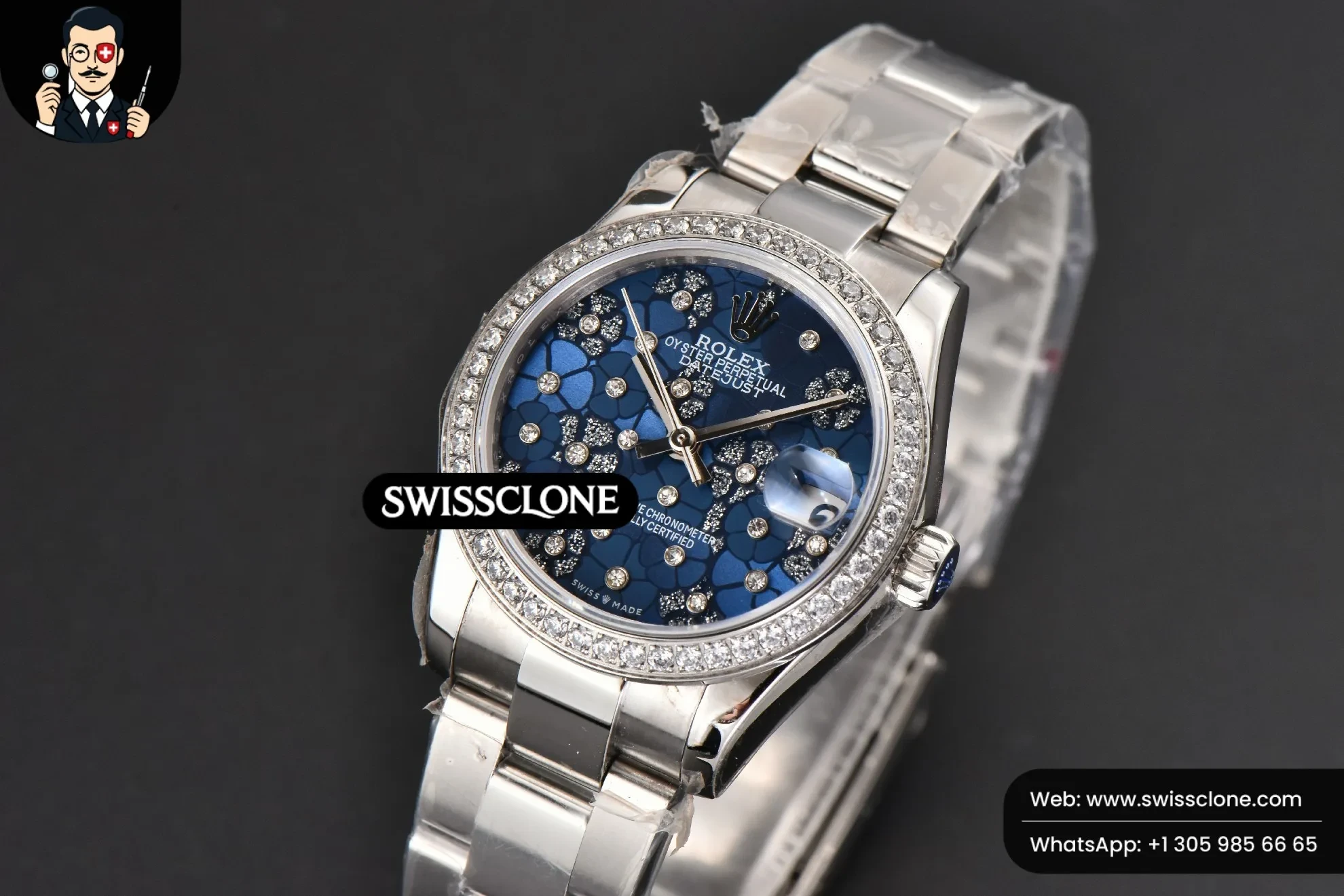 Rolex DateJust 31mm Ladies 904L WF Diamond Blue Flowers Dial Diamond Marker Oyster 1:1 Super Clone - Bezel & Case Profile