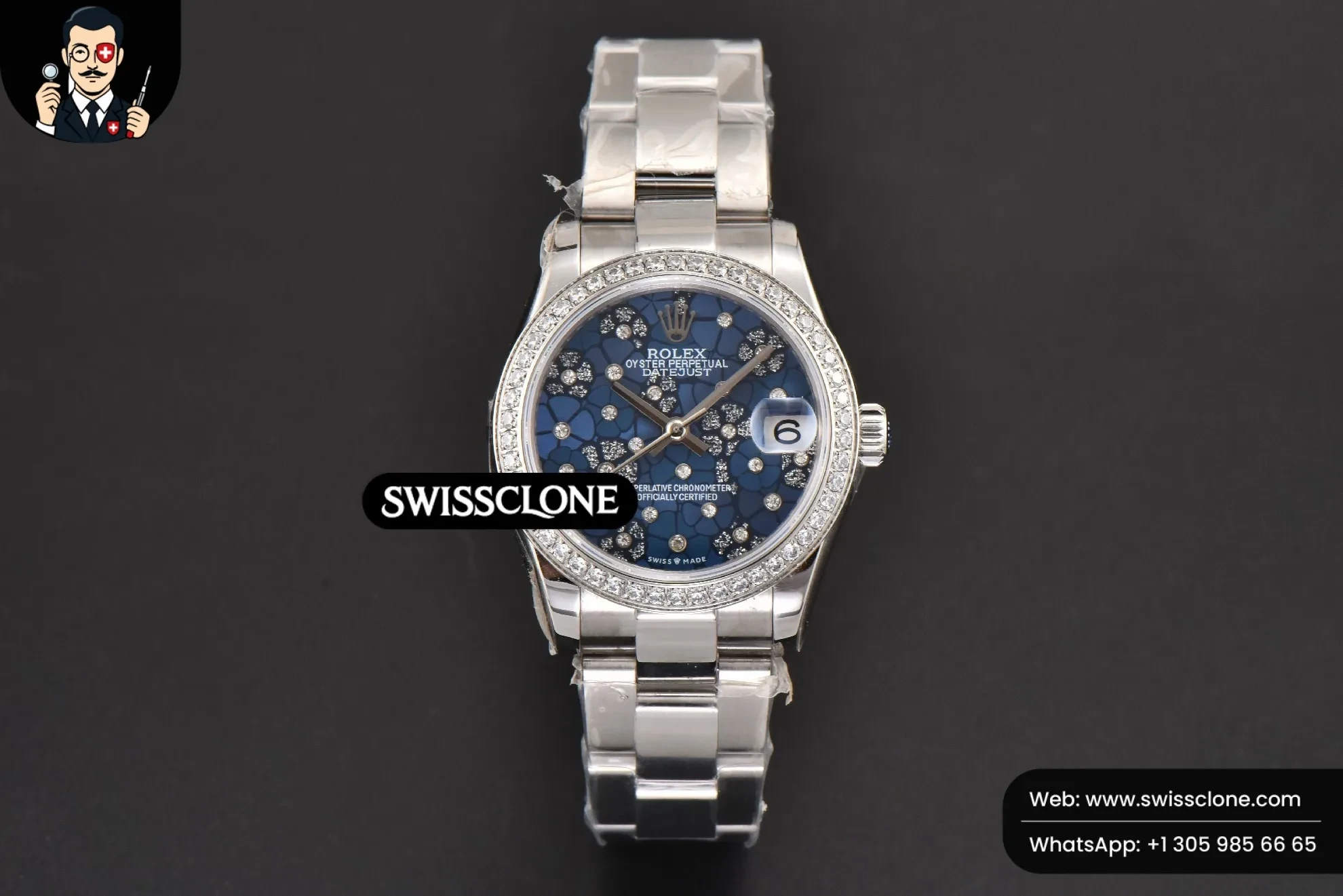 Rolex DateJust 31mm Ladies 904L WF Diamond Blue Flowers Dial Diamond Marker Oyster 1:1 Super Clone - Dial Macro Close-Up