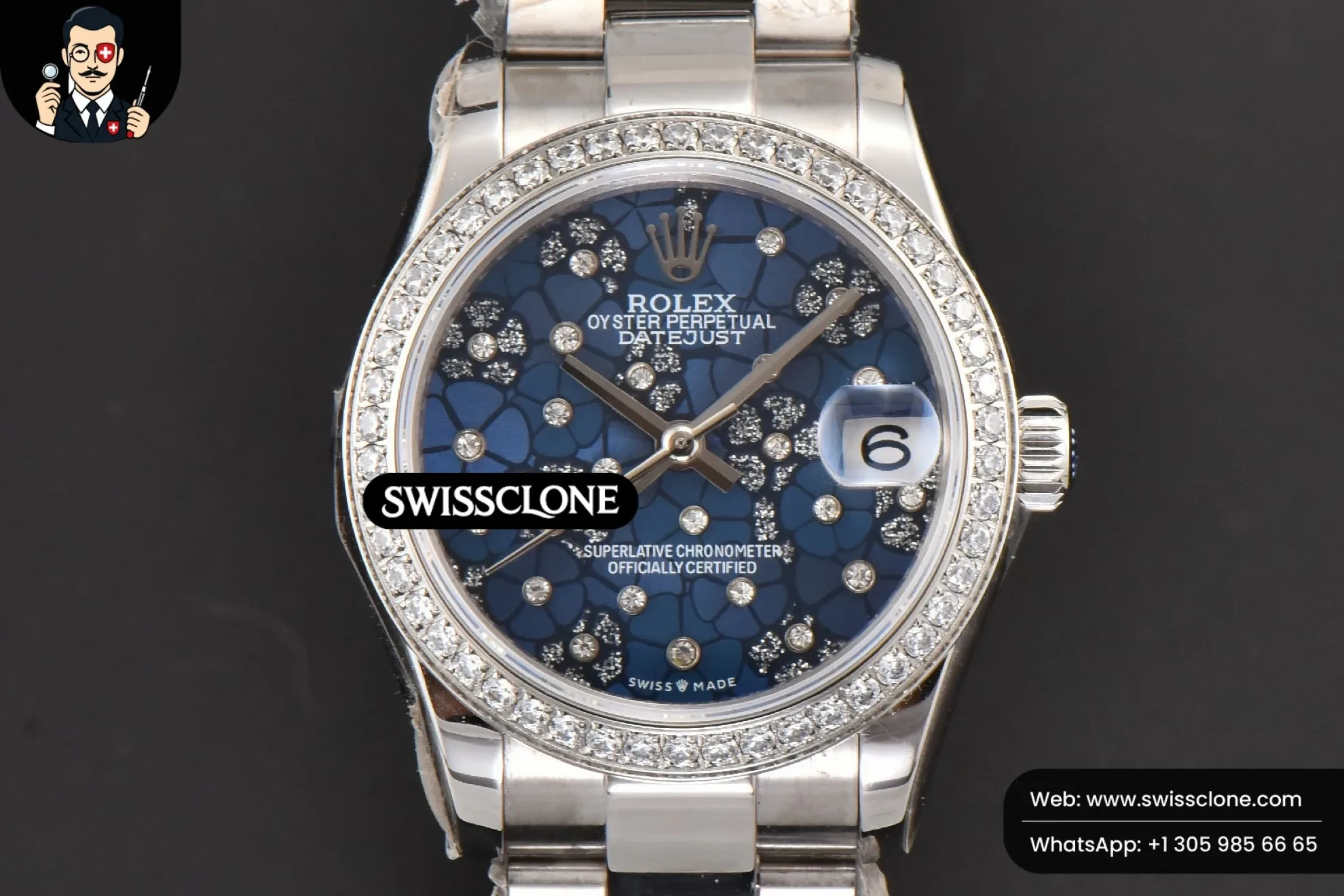 Rolex DateJust 31mm Ladies 904L WF Diamond Blue Flowers Dial Diamond Marker Oyster
