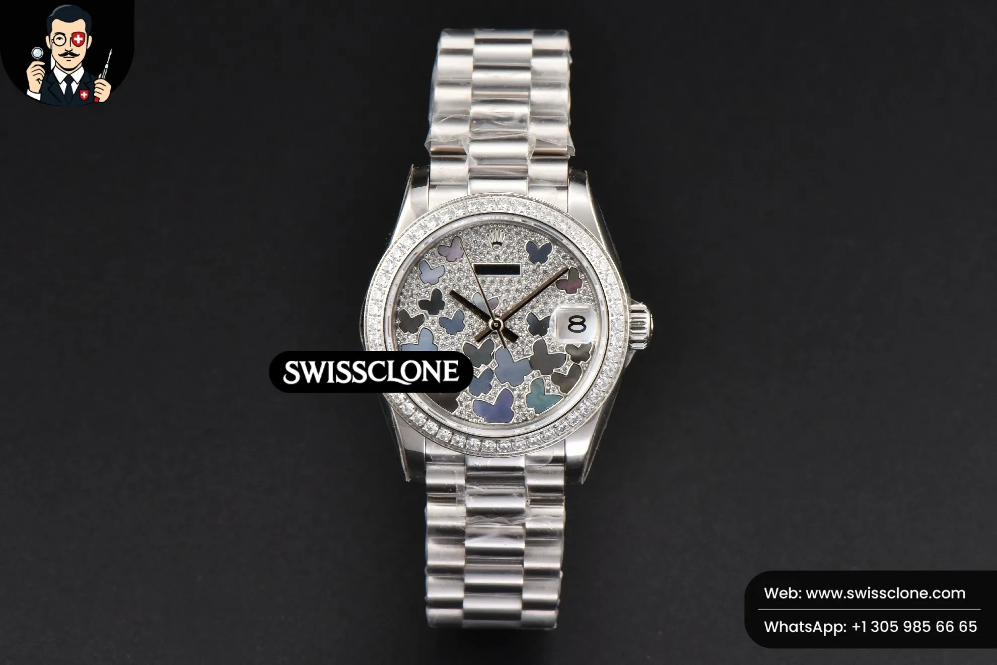 Rolex DateJust 31mm Ladies 904L WF Diamond Butterfly Dial Oyster (SW-26634) 1:1 Super Clone - Dial Macro & Hands Close-Up