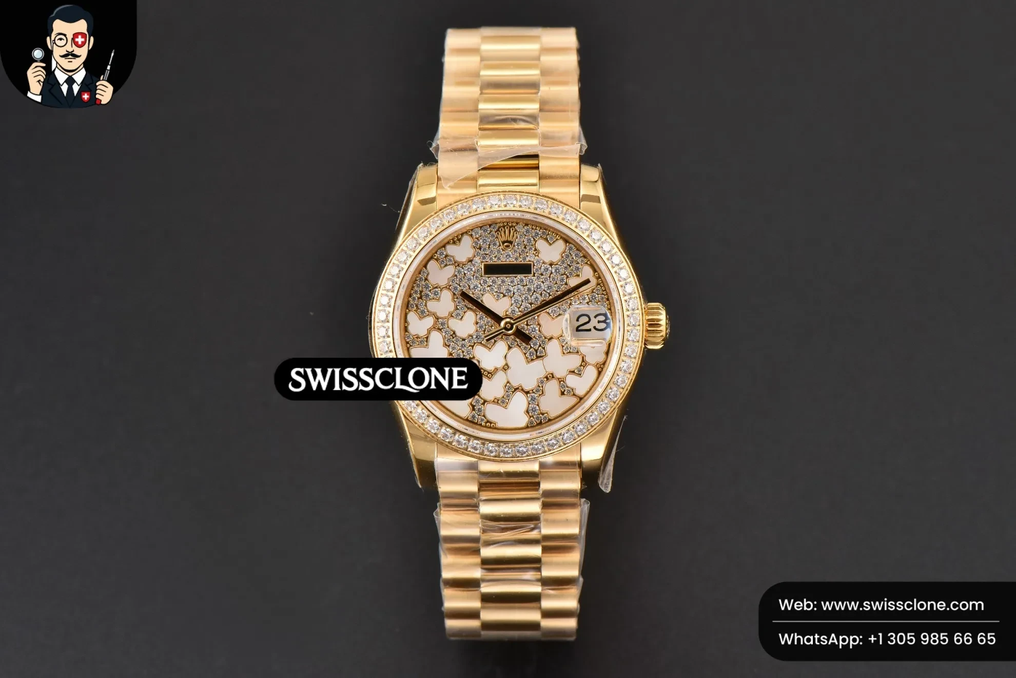 Rolex DateJust 31mm Ladies 904L WF Diamond Butterfly Dial Oyster (SW-26658) 1:1 Super Clone - Dial Macro & Hands Close-Up