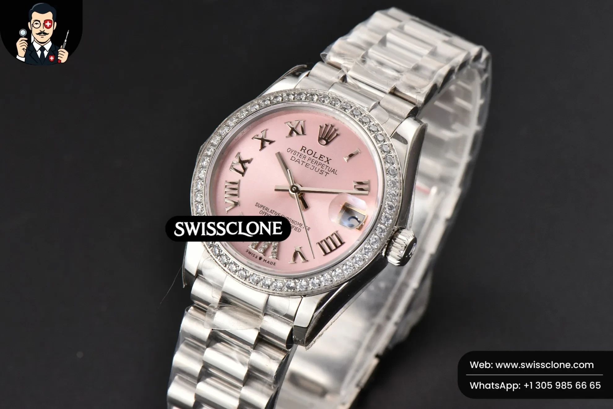 Rolex DateJust 31mm Ladies 904L WF Diamond Pink Dial Roma Marker Oyster 1:1 Super Clone - Bezel & Case Profile