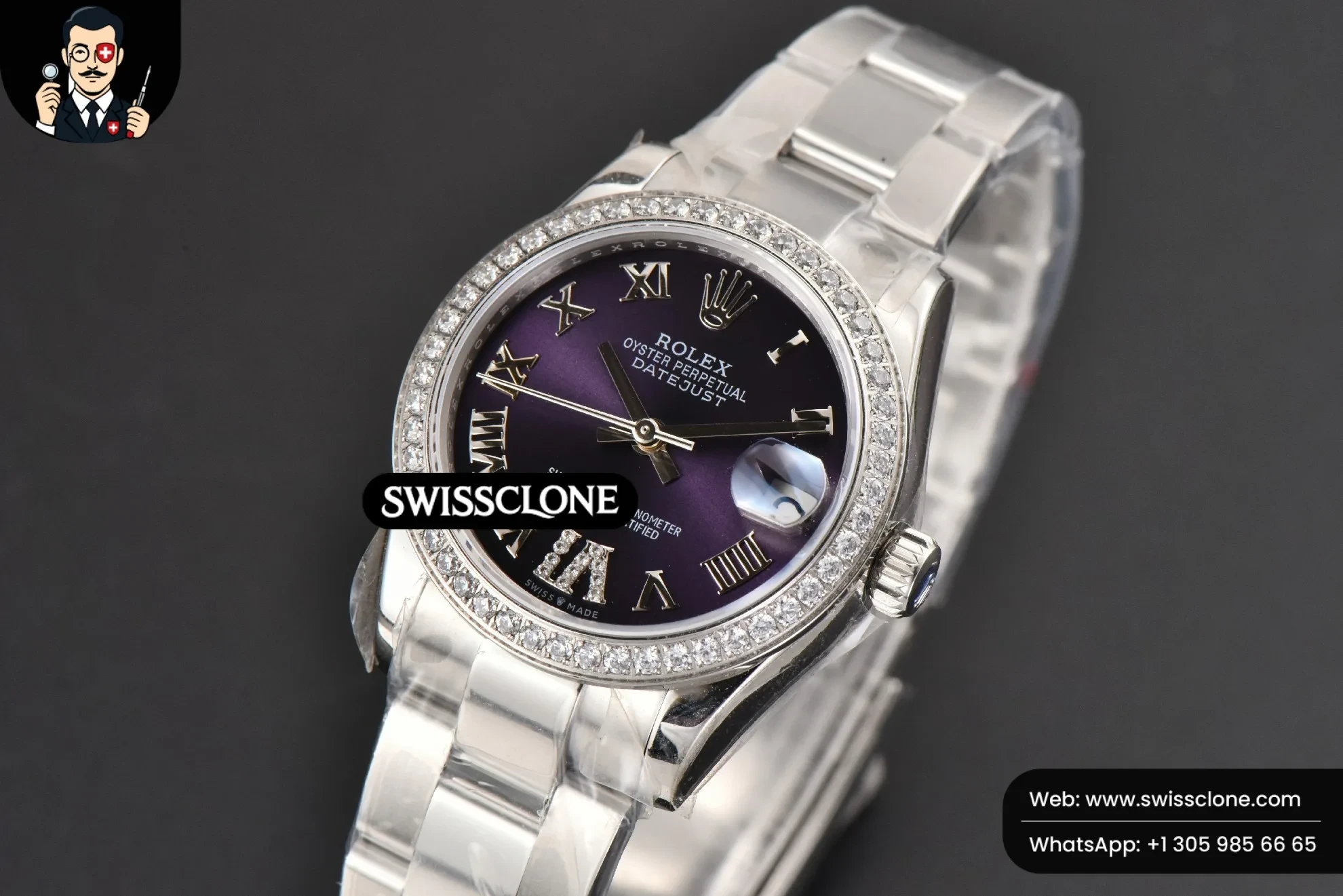 Rolex DateJust 31mm Ladies 904L WF Diamond Purple Dial Diamond Roma Marker Oyster (SW-26754) 1:1 Super Clone - Bezel & Lateral Case Profile